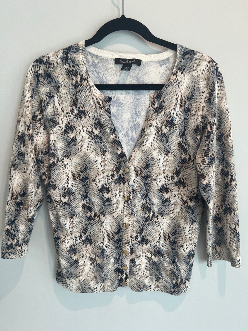 White House Black Market Blue Snake Print Cardigan Sweater Size L
